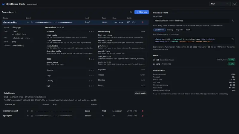 The MCP page of ClickHouse Dash